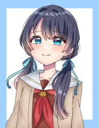 Rule 34 | 1girl, blue border, blue eyes, blue hair, blue ribbon, blush, border, brown cardigan, brown dress, cardigan, closed mouth, collarbone, commentary, dark blue hair, dress, hair ribbon, harusame soup (har s k), hasu no sora school uniform, heart, heart-shaped pupils, link! like! love live!, long hair, long sleeves, looking at viewer, love live!, low twintails, mole, mole on neck, murano sayaka, neckerchief, open cardigan, open clothes, outside border, red neckerchief, ribbon, sailor collar, sailor dress, school uniform, smile, solo, split mouth, symbol-shaped pupils, twintails, upper body, virtual youtuber, white background, white sailor collar, winter uniform