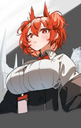 Rule 34 | 1girl, arknights, black jacket, breasts, bright pupils, ert raitsui, fiammetta (arknights), from below, highres, jacket, large breasts, red eyes, red hair, shirt, sketch, white pupils, white shirt