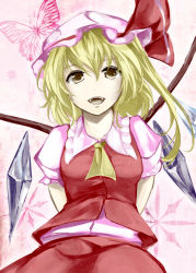 Rule 34 | 1girl, arms behind back, ascot, blonde hair, breasts, brown eyes, bug, butterfly, flandre scarlet, hat, hat ribbon, bug, kz nagomiya, looking at viewer, mob cap, open mouth, pink background, puffy short sleeves, puffy sleeves, ribbon, short sleeves, side ponytail, skirt, skirt set, smile, solo, touhou, upper body, vest, wings