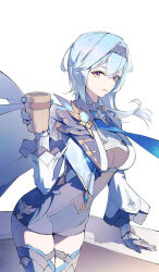 Rule 34 | 1girl, arm support, blue cape, blue gloves, blue hair, blue hairband, blue necktie, breasts, cape, chest harness, closed mouth, clothing cutout, cup, eula (genshin impact), genshin impact, gloves, hair between eyes, hairband, hand up, harness, highres, holding, holding cup, j fang, lips, long sleeves, looking at viewer, medium breasts, medium hair, multicolored eyes, necktie, purple eyes, shoulder cutout, sidelocks, simple background, solo, vision (genshin impact), white background, white sleeves, wide sleeves, wooden cup