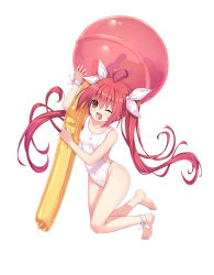 Rule 34 | 1girl, ;d, animal print, ass, bare legs, bare shoulders, barefoot, breasts, candy, collarbone, commentary, commentary request, date a live, food, food in mouth, full body, hair between eyes, hair ribbon, highres, hip focus, holding, holding toy, inflatable toy, itsuka kotori, leg ribbon, lollipop, long hair, looking at viewer, neps-l, one-piece swimsuit, one eye closed, open mouth, rabbit print, red eyes, red hair, ribbon, simple background, small breasts, smile, solo, swimsuit, thighs, toy, twintails, very long hair, white background, white one-piece swimsuit, white ribbon