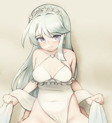 Rule 34 | 1girl, absurdres, bare shoulders, breasts, covered navel, flower, frilled one-piece swimsuit, frills, grey eyes, hair flower, hair ornament, hairband, halterneck, highres, kantai collection, looking at viewer, maru (marg0613), medium breasts, one-piece swimsuit, sagiri (kancolle), solo, swimsuit, upper body, white hair, white one-piece swimsuit