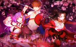 Rule 34 | 1boy, 2girls, :d, abs, arkray, armor, black hair, blue eyes, blurry, bracelet, breasts, brown hair, cherry blossoms, depth of field, dress, earrings, emiya shirou, eyelashes, fate/grand order, fate/stay night, fate (series), frills, hair ornament, hair ribbon, holding, holding sword, holding weapon, hood, hood down, igote, japanese clothes, jewelry, large breasts, limited/zero over, long hair, long sleeves, looking at viewer, matou sakura, matou sakura (imaginary around), multiple girls, nail polish, navel, obi, open mouth, outstretched hand, over shoulder, parted bangs, petals, polka dot, polka dot legwear, puffy sleeves, purple eyes, purple hair, red dress, red eyes, red legwear, red ribbon, ribbon, ribbon trim, ring, sash, shade, short hair, smile, standing, standing on one leg, star (symbol), sword, sword over shoulder, teeth, thighhighs, tohsaka rin, tohsaka rin (formalcraft), two side up, wallpaper, weapon, weapon over shoulder, white ribbon, yellow eyes, zettai ryouiki