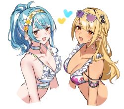 Rule 34 | 2girls, aqua hair, bikini, blonde hair, character request, choker, copyright request, dark-skinned female, dark skin, eyewear on head, frilled bikini, frills, heart, hikari yui, multiple girls, pink-tinted eyewear, simple background, sunglasses, swimsuit, tinted eyewear, upper body, white background, white choker