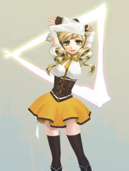 Rule 34 | 10s, 1girl, arms up, beret, blonde hair, boots, breasts, corset, detached sleeves, drill hair, fingerless gloves, gloves, hair ornament, hat, jos-est, lips, magical girl, mahou shoujo madoka magica, mahou shoujo madoka magica (anime), pleated skirt, puffy sleeves, shirt, skirt, smile, solo, striped clothes, striped thighhighs, taut clothes, taut shirt, thighhighs, tomoe mami, vertical-striped clothes, vertical-striped thighhighs, yellow eyes