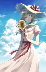 Rule 34 | 1girl, alternate costume, blue sky, brown hat, closed mouth, cloud, cloudy sky, day, dress, flower, frilled ribbon, frilled shirt collar, frills, from below, front ponytail, green eyes, green hair, hair ribbon, hat, hat ribbon, highres, holding, holding flower, kagiyama hina, looking at viewer, looking down, medium hair, miyakure, puffy short sleeves, puffy sleeves, red ribbon, ribbon, short sleeves, sky, smile, solo, straw hat, sunflower, touhou, white dress, yellow flower