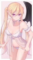 Rule 34 | 1girl, absurdres, arm at side, armband, babydoll, baksangmin, bare shoulders, blonde hair, breasts, closed mouth, collarbone, cowboy shot, demon girl, demon wings, frilled armband, frilled ribbon, frills, furrowed brow, hair between eyes, highres, lingerie, long hair, medium breasts, navel, neck ribbon, original, panties, panty pull, pink background, pink eyes, pointy ears, pulling own clothes, ribbon, see-through, simple background, single wing, solo, spaghetti strap, standing, turning head, twintails, underwear, very long hair, white babydoll, white panties, white ribbon, wings
