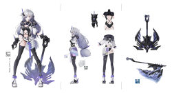 Rule 34 | 1girl, axe, breasts, character sheet, cropped jacket, from behind, from side, full body, fur trim, grey eyes, grey hair, highres, holding, holding axe, holding weapon, long hair, medium breasts, multiple views, navel, original, qiaogun damodao, scar, shoes, smile, sneakers, standing, thighhighs, torn clothes, torn thighhighs, weapon, white background