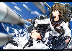 Rule 34 | 10s, 1girl, anchor symbol, black socks, brown hair, commentary, folded ponytail, inazuma (kancolle), kantai collection, kneehighs, letterboxed, long sleeves, looking away, machinery, neckerchief, parted lips, sailor collar, school uniform, serafuku, socks, solo, standing, standing on liquid, torpedo, twitter username, usui harusame
