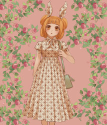 Rule 34 | 1girl, :o, alternate costume, arm at side, bag, blonde hair, blunt bangs, blush, casual, clip studio paint (medium), commentary, contemporary, double bun, dress, feet out of frame, flower, green bag, hair bun, hair ribbon, handbag, highres, holding strap, joutouguu mayumi, leaf, looking at viewer, open mouth, patterned clothing, pink background, pink flower, reika winter, ribbon, solo, standing, touhou, white dress, white ribbon, yellow eyes