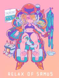 Rule 34 | 1girl, barefoot, black bra, black panties, blonde hair, bra, breasts, cellphone, cleavage, closed eyes, clothes hanger, drying, drying clothes, earbuds, earphones, energy tank, english text, engrish text, feet, food, game boy, game boy (original), gashi-gashi, gradient background, hair over one eye, handheld game console, lying, medium breasts, metroid, missile, narrow waist, navel, nintendo, on back, orange background, panties, phone, pink background, ponytail, ranguage, samus aran, smartphone, smile, soles, solo, stomach, thermos, thigh gap, time, toes, towel, tray, underwear, varia suit, water, wet, wet clothes, zero suit