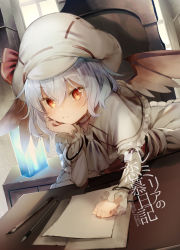Rule 34 | 1girl, ascot, bangle, bat wings, beret, blue hair, blush, bracelet, calligraphy brush, capelet, chair, commentary request, cover, curiosities of lotus asia, desk, dress, dutch angle, hair between eyes, hand up, hat, hat ribbon, head rest, highres, indoors, jewelry, long sleeves, looking at viewer, paintbrush, paper, petticoat, red eyes, red ribbon, remilia scarlet, ribbon, short hair, solo, touhou, translation request, upper body, white ascot, white capelet, white dress, white hat, window, wings, yuki (popopo)