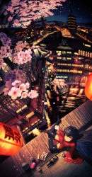 Rule 34 | 1girl, alcohol, architecture, bottle, building, can, cherry blossoms, cityscape, east asian architecture, fisheye, highres, lake, lantern, looking at viewer, looking up, mcdonald&#039;s, original, rias-coast, sakazuki, sake, sake bottle, short hair, sky, solo, tower