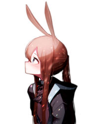 Rule 34 | 1girl, absurdres, amiya (arknights), animal ears, arknights, ascot, beudelb, black ascot, black jacket, blue eyes, blush, brown hair, commentary, from side, highres, hood, hood down, jacket, korean commentary, long hair, looking up, open clothes, open jacket, ponytail, rabbit ears, shirt, sidelocks, simple background, upper body, white background, white shirt