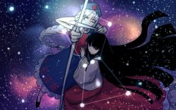 Rule 34 | aiming, arrow (projectile), black hair, bow (weapon), braid, constellation, dress, foreshortening, hat, hime cut, houraisan kaguya, imperishable night, japanese clothes, kimono, leaning on person, long hair, meimaru inuchiyo, nurse cap, one-hour drawing challenge, orion (constellation), space, star (sky), touhou, weapon, white hair, yagokoro eirin