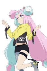 Rule 34 | 1girl, blue hair, character hair ornament, creatures (company), game freak, grey pantyhose, hair ornament, highres, ia (ilwmael9), iono (pokemon), jacket, long hair, multicolored hair, nintendo, pantyhose, pink eyes, pink hair, pokemon, pokemon sv, shorts, single leg pantyhose, smile, solo, thigh strap, twintails, two-tone hair, very long hair, white background, yellow jacket