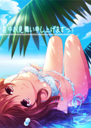 Rule 34 | 1girl, ainili, bad id, bad pixiv id, bikini, brown hair, cloud, day, closed eyes, frilled bikini, frills, front-tie top, hair bobbles, hair ornament, looking at viewer, lying, on back, original, palm tree, partially submerged, red eyes, shochuumimai, side-tie bikini bottom, sky, smile, solo, swimsuit, translation request, tree, water
