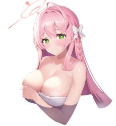 Rule 34 | 1girl, absurdres, ahoge, blue archive, blush, bow, braid, breasts, cleavage, closed mouth, collarbone, cropped torso, goyain, green eyes, hair bow, halo, hanako (blue archive), highres, large breasts, long hair, looking at viewer, pink hair, side braid, simple background, smile, solo, towel, upper body, very long hair, white background, white bow