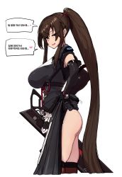 Rule 34 | 1girl, :d, ass, bad id, bad pixiv id, black gloves, breasts, brown hair, brown thighhighs, clothes lift, commentary request, counter:side, dress, dress lift, elbow gloves, female focus, gloves, happening18, highres, korean commentary, korean text, long hair, looking at viewer, open mouth, ponytail, purple eyes, sheath, simple background, smile, solo, thighhighs, translation request, very long hair, watch, white background, wristwatch, yoo mina