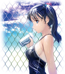 Rule 34 | 1girl, aqua eyes, blue eyes, brand name imitation, breasts, chain-link fence, cloud, day, drink, drinking, drinking straw, fence, hair bobbles, hair ornament, kouno (masao), large breasts, long hair, one-piece swimsuit, original, pocari sweat, profile, sky, solo, swimsuit, tan, tanline, twintails, upper body, wet