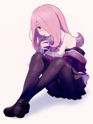 Rule 34 | 1girl, alternate costume, artist request, black pantyhose, drinking, gridman universe, little witch academia, long hair, pantyhose, purple hair, red eyes, simple background, skirt, solo, ssss.gridman, sucy manbavaran