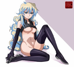 Rule 34 | + +, 00s, 1girl, antispiral nia, bad id, bad pixiv id, black gloves, black shirt, black thighhighs, blonde hair, blouse, blue eyes, blue hair, boots, bottomless, breasts, cleavage, clothes lift, collared shirt, cross-shaped pupils, dark persona, elbow gloves, expressionless, full body, gloves, half-closed eyes, large breasts, long hair, matching hair/eyes, multicolored hair, navel, nia teppelin, no bra, no panties, panties, panties around leg, serious, shirt, shirt lift, sitting, solo, symbol-shaped pupils, taguchi kenji (omaep), tengen toppa gurren lagann, thigh boots, thighhighs, two-tone hair, underboob, underwear, very long hair