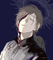 Rule 34 | 1boy, artist name, black shirt, blood, blood on clothes, blood on face, blue background, brown hair, closed eyes, colored eyelashes, facing viewer, hair over one eye, highres, kanae (nijisanji), long hair, low ponytail, male focus, mole, mole under eye, natsu (rodysanp), nijisanji, parted lips, shirt, signature, simple background, solo, upper body, virtual youtuber