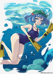 Rule 34 | 1girl, absurdres, air bubble, armpits, bare shoulders, blue eyes, blue hair, blue one-piece swimsuit, blunt bangs, breasts, bubble, closed mouth, covered navel, flippers, foot out of frame, hair bobbles, hair ornament, hat, highres, kawashiro nitori, light blush, light smile, mishiku, one-piece swimsuit, short hair, small breasts, solo, swimsuit, touhou, two side up, underwater