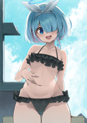 Rule 34 | 1girl, absurdres, arona (blue archive), bare shoulders, bikini, black bikini, blue archive, blue hair, blush, bow hairband, breasts, collarbone, colored inner hair, hair over one eye, hairband, halo, highres, karadborg, light blue hair, looking at viewer, multicolored hair, navel, open mouth, short hair, small breasts, smile, solo, swimsuit, thighs, white hairband