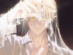 Rule 34 | 1boy, black background, blonde hair, closed mouth, collarbone, collared shirt, colored eyelashes, dress shirt, eggpongg, hand up, lace trim, light particles, long sleeves, looking at viewer, male focus, original, see-through, shirt, short hair, simple background, smile, solo, veil, veil lift, white shirt, yellow eyes
