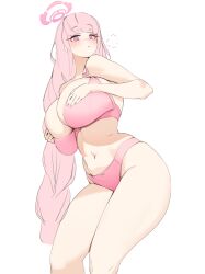 Rule 34 | 1girl, bare shoulders, blue archive, blush, bra, braid, breasts, closed mouth, curvy, eimi (blue archive), gya rb, highres, huge breasts, long hair, looking at viewer, panties, pink bra, pink panties, simple background, solo, thick thighs, thighs, underwear, underwear only, very long hair, white background