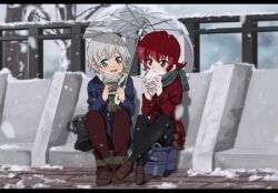 Rule 34 | 1boy, 1girl, bag, black pantyhose, cup, food, full body, fumiko (mesushi), holding, holding umbrella, iria animi, letterboxed, open mouth, pantyhose, pleated skirt, ruca milda, scarf, school bag, short hair, sitting, skirt, smile, snow, snowing, tales of (series), tales of innocence, umbrella