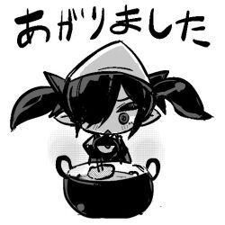 Rule 34 | 1girl, backbeako (torotei), backbeard, chibi, commentary request, cooking, cooking pot, dress, elbow gloves, food, gegege no kitarou, gloves, hair over one eye, hair ribbon, holding, long hair, looking down, monochrome, open mouth, original, pointy ears, ribbon, ringed eyes, simple background, sleeveless, sleeveless dress, solo, tongs, torotei, translation request, triangle mouth, triangular headpiece, twintails, upper body, white background