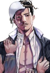 Rule 34 | 1boy, abs, black eyes, black hair, burn scar, clothes grab, facial hair, forehead protector, golden kamuy, hair slicked back, hand on another&#039;s shoulder, highres, long sleeves, looking at viewer, male focus, mustache, open clothes, scar, solo focus, tobo katsuo, tsurumi tokushirou, upper body, white background