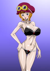 Rule 34 | 1girl, bare shoulders, black eyes, blush, bra, breasts, cleavage, gloves, goggles, hand on own hip, hat, highres, koala (one piece), large breasts, legs, looking at viewer, navel, nel-zel formula, one piece, open mouth, orange hair, panties, short hair, simple background, solo, standing, thighs, underwear