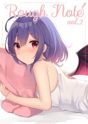 Rule 34 | 1girl, :/, ahoge, armpit crease, back cutout, bat wings, bed, bed sheet, blue hair, blush, breasts, clothing cutout, commentary request, english text, unworn headwear, highres, lying, medium breasts, on bed, on stomach, pillow, purple hair, red eyes, remilia scarlet, ruhika, short hair, sidelocks, simple background, solo, tank top, touhou, upper body, white background, white tank top, wings