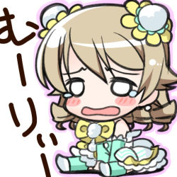 Rule 34 | 10s, 1girl, azuma ezu, bare shoulders, blush, blush stickers, bow, brown hair, chibi, detached sleeves, drill hair, earrings, flower, frown, green thighhighs, hair flower, hair ornament, idolmaster, idolmaster cinderella girls, jewelry, light brown hair, lowres, morikubo nono, open mouth, outline, pom pom (clothes), short hair, simple background, sitting, skirt, solid circle eyes, solo, tears, thighhighs, white background, ze02