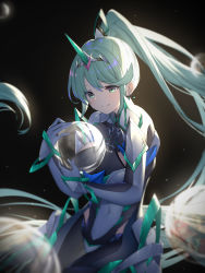 Rule 34 | 1girl, absurdres, black background, breasts, commentary request, earrings, gloves, green eyes, green hair, highres, jewelry, large breasts, long hair, nintendo, pneuma (xenoblade), ponytail, rex (xenoblade), roi (liu tian), solo, swept bangs, tiara, very long hair, xenoblade chronicles (series), xenoblade chronicles 2