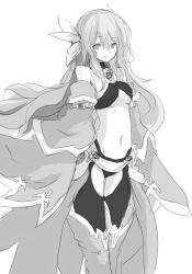 Rule 34 | 1girl, bad id, bad pixiv id, breasts, fiana else, greyscale, long hair, looking at viewer, monochrome, navel, original, simple background, smile, solo, white background, yu-ves