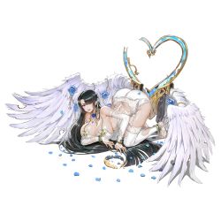 Rule 34 | 1girl, angel wings, ass, azazel (last origin), barefoot, blush, breasts, covering privates, covering breasts, covering nipples, damaged, defeat, feathered wings, flower, full body, game cg, garter belt, garter straps, highres, huge ass, kneeling, large breasts, last origin, lingerie, long hair, nipples, official art, petals, rose, rose petals, solo, taesi, tearing up, thighhighs, top-down bottom-up, torn clothes, transparent background, underwear, wings