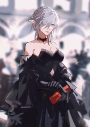 Rule 34 | 1girl, absurdres, alternate costume, arknights, backlighting, bag, black choker, black dress, black gloves, blurry, blurry background, breasts, choker, cleavage, closed mouth, cowboy shot, depth of field, dress, elbow gloves, gladiia (arknights), gloves, hair over one eye, handbag, highres, holding, holding bag, large breasts, lipstick, llmia4, looking at viewer, makeup, pointy ears, red eyes, short hair, silver hair, smile, solo, strapless, strapless dress