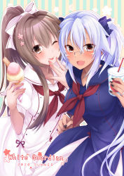 Rule 34 | 2girls, alternate costume, black nails, blue hair, brown eyes, brown hair, commentary request, cup, dark-skinned female, dark skin, disposable cup, dress, drinking straw, fang, food, glasses, hair ribbon, high ponytail, highres, holding, holding cup, ice cream, ice cream cone, kantai collection, light blue hair, long hair, looking at viewer, mashiro yukiya, medium hair, multiple girls, musashi (kancolle), musashi kai ni (kancolle), nail art, nail polish, neckerchief, one eye closed, photoshop (medium), pink nails, ribbon, sailor collar, sailor dress, semi-rimless eyewear, skin fang, striped, striped background, twintails, two side up, vertical stripes, yamato (kancolle)