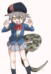 1girl alternate_costume beret black_hat black_socks blue_jacket blush bow bowtie claw_pose collared_shirt cowboy_shot fangs grey_hair grey_skirt hair_between_eyes hat highres jacket kemono_friends kemono_friends_3 long_sleeves okinawa_habu_(kemono_friends) open_mouth pleated_skirt red_bow red_bowtie rumenia_(ao2is) school_uniform shirt short_hair sidelocks skirt slit_pupils snake_girl snake_print snake_tail socks solo tail white_shirt yellow_eyes