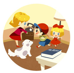 Rule 34 | 1boy, 2girls, baseball cap, blonde hair, blue eyes, blue shorts, blush stickers, bob cut, brown bag, dress, earrings, english text, family, from side, happy, hat, high heels, hitofutarai, imminent hug, indoors, jewelry, king (mother 2), lamp, living room, mother (game), mother 2, multiple girls, ness&#039;s father, ness&#039;s mother, ness (mother 2), nintendo, open mouth, outstretched arms, photo album, pinafore dress, red dress, red footwear, red headwear, red shirt, red skirt, round image, running, shirt, shoes, short hair, shorts, skirt, sleeveless, sleeveless dress, smile, spread arms, striped clothes, striped shirt, tracy (mother 2), white dog