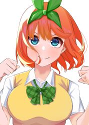 Rule 34 | &gt;:), 1girl, absurdres, airo, blue eyes, blush, bow, breasts, c:, clenched hands, close-up, closed mouth, commentary, double-parted bangs, dress shirt, eyebrows hidden by hair, eyelashes, floating hair, go-toubun no hanayome, green bow, green ribbon, hair between eyes, hair ribbon, hand up, highres, large breasts, looking at viewer, medium hair, nakano yotsuba, orange hair, plaid, plaid bow, ribbon, shirt, short sleeves, sidelighting, simple background, smile, smug, solo, straight-on, straight hair, sweater vest, v-shaped eyebrows, w arms, white background, white shirt, yellow sweater vest