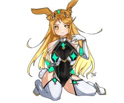 Rule 34 | 1girl, animal costume, artist name, artist request, bare shoulders, blonde hair, breasts, cleavage, cleavage cutout, clothing cutout, dress, earrings, elbow gloves, gem, gloves, glowing, hair ornament, headpiece, highres, jewelry, large breasts, leotard, long hair, mythra (xenoblade), navel, playboy bunny, rabbit ears, rabbit tail, simple background, sitting, source request, thighhighs, thighs, tiara, very long hair, watermark, white background, white dress, xenoblade chronicles (series), xenoblade chronicles 2, yellow eyes