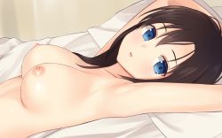 Rule 34 | 1girl, armpits, blue eyes, breasts, brown hair, highres, large breasts, looking at viewer, lying, medium hair, n.g., nipples, on back, open mouth, parted lips, solo