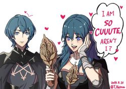 Rule 34 | 1boy, 1girl, armor, blue eyes, blue hair, byleth (female) (fire emblem), byleth (fire emblem), byleth (male) (fire emblem), closed mouth, dated, english text, fire emblem, fire emblem: three houses, heart, long hair, nintendo, open mouth, short hair, simple background, t keima, twitter username, upper body, white background