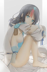 Rule 34 | 1girl, absurdres, bare shoulders, barefoot, black hair, blue eyes, blue ribbon, breasts, closed mouth, dress, fate/grand order, fate/requiem, fate (series), feet, fundoshi, highres, japanese clothes, jewelry, knees up, large breasts, long sleeves, looking at viewer, magatama, magatama hair ornament, medium hair, multicolored hair, necklace, nonone (the9thxsheep), painttool sai (medium), pelvic curtain, pink hair, puffy long sleeves, puffy sleeves, ribbon, short dress, sideboob, sideless outfit, sitting, smile, streaked hair, thighs, utsumi erice, white dress