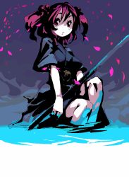 Rule 34 | 1girl, blue dress, dress, female focus, looking at viewer, onozuka komachi, polearm, puffy short sleeves, puffy sleeves, red eyes, red hair, scythe, short sleeves, sitting, soaking feet, solo, touhou, twintails, two side up, water, weapon